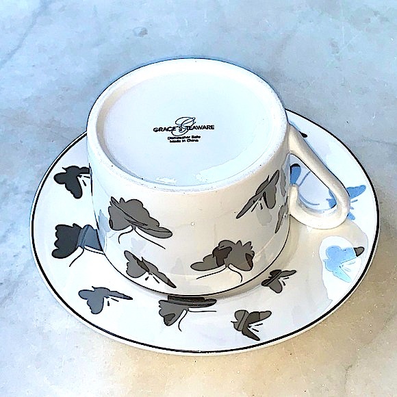 GRACES TEAWARE SILVER METALLIC BUTTERFLY’S FLAT CUP SAUCER SET NEW PORCELAIN - Picture 8 of 9